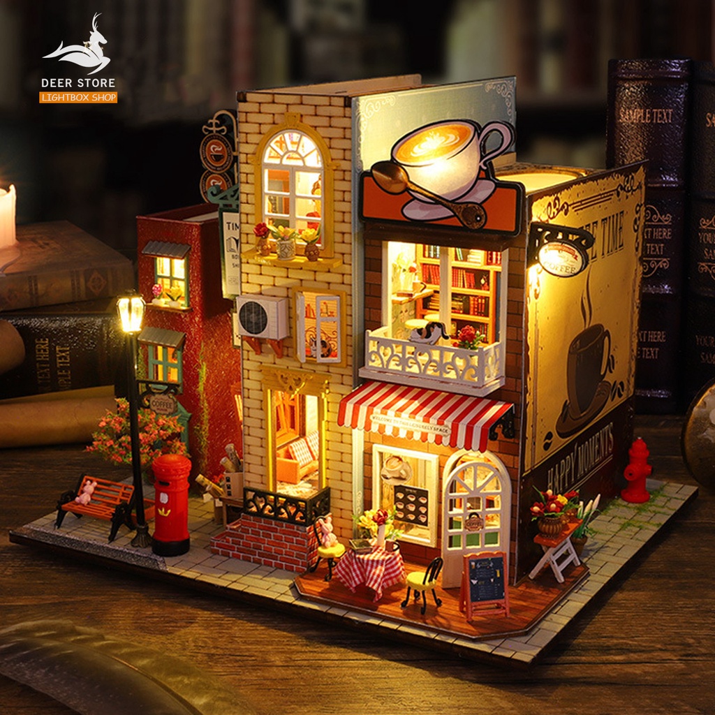 Mô hình Cafe sách Nhà búp bê tự làm bằng gỗ tự làm. Tặng Dụng Cụ và 2 bình KEO. ES007 Mô hình Book Villa Lighbox shop