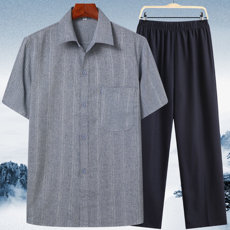 Bộ Áo Sơ Mi Tay Ngắn + Quần short Vải Lanh cotton Thời Trang Mùa Hè Cho Đàn Ông Trung Niên 70 Tuổi