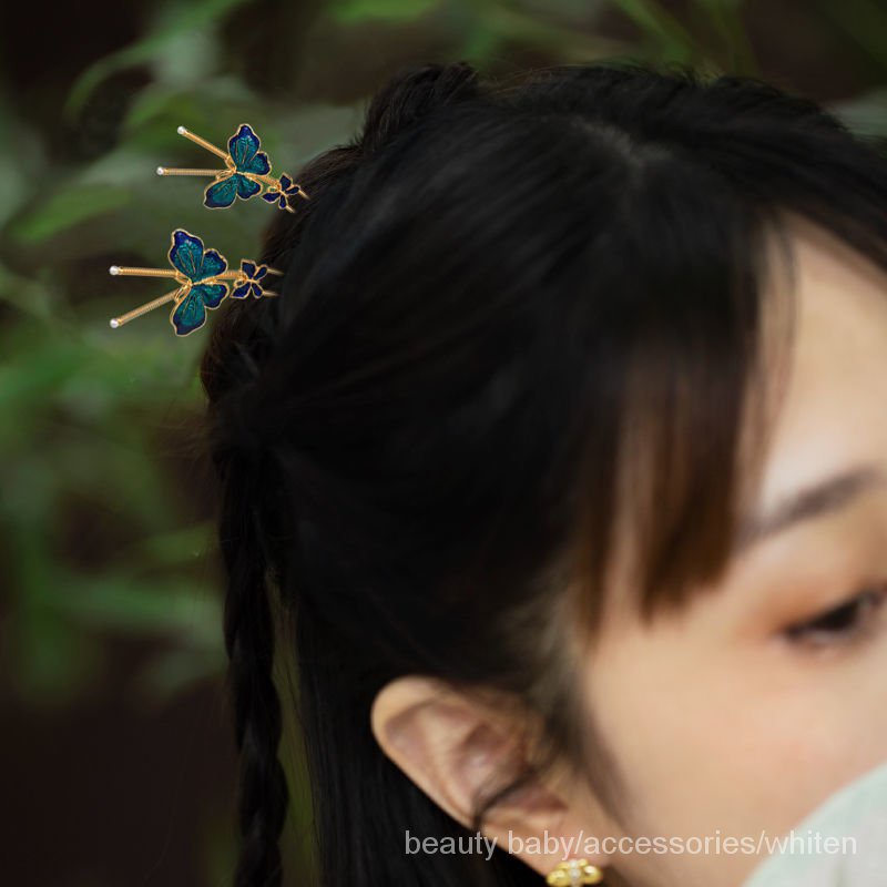Cặp trâm cài tóc đính hạt hình bướm màu xanh dương phong cách Trung Hoa linh hoạt cổ điển thời trang mùa xuân
