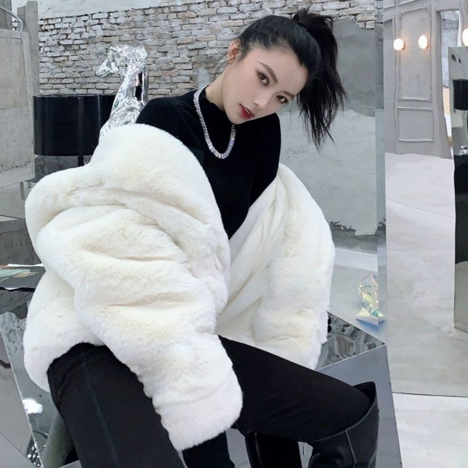 Áo khoác giả lông thỏ dày dáng rộng dài trung bình phong cách Hàn Quốc cho nữ GUANGZHOU