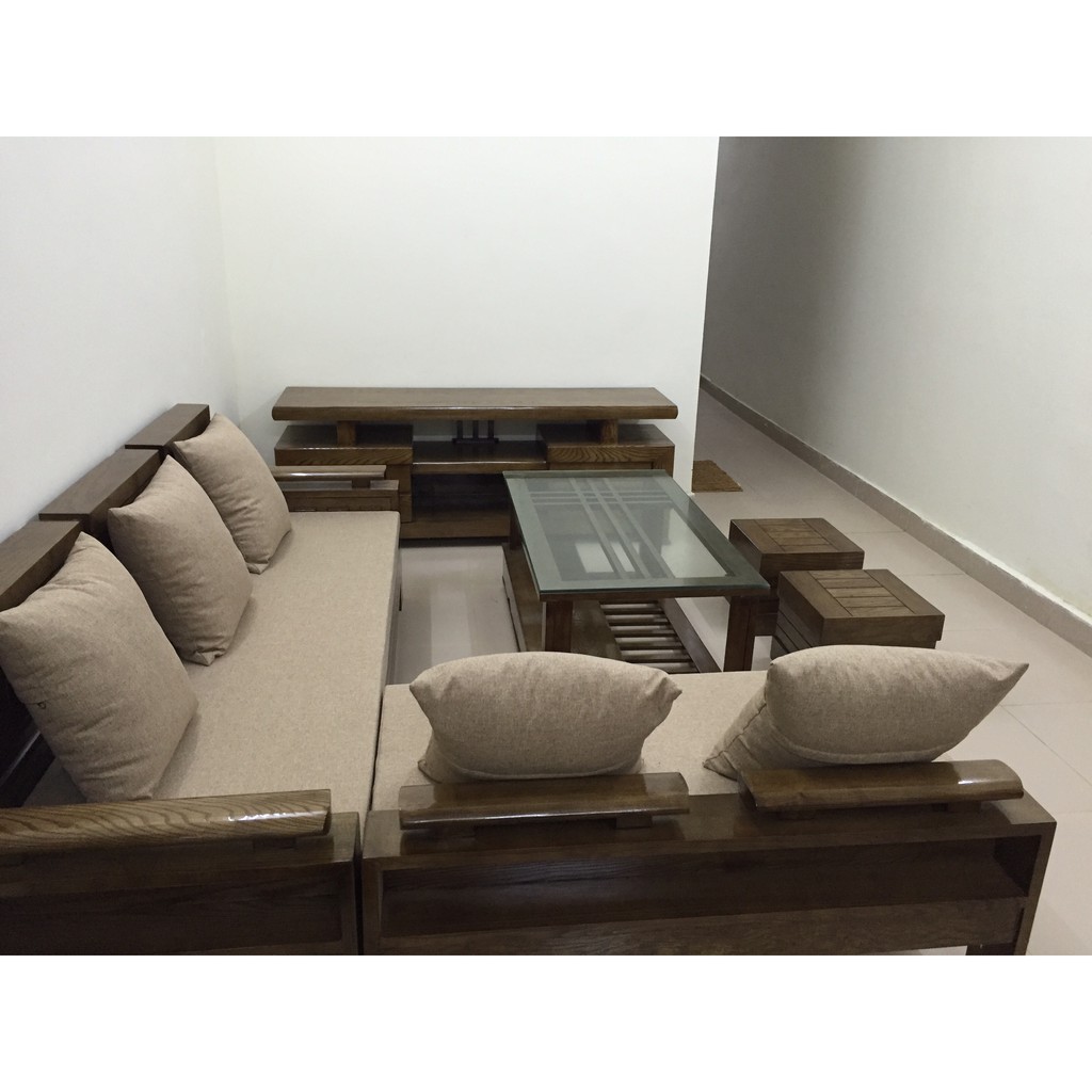 SOFA GỖ SỒI MÀU ÓC CHÓ KÈM KỆ TIVI MS:01