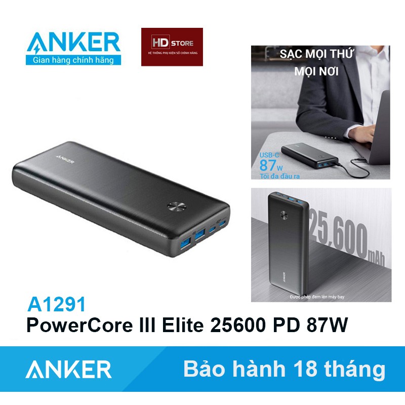 Pin Dự Phòng ANKER PowerCore III Elite 25600mAh sạc nhanh 87W Laptop Macbook Air Pro M1 - Mã A1291