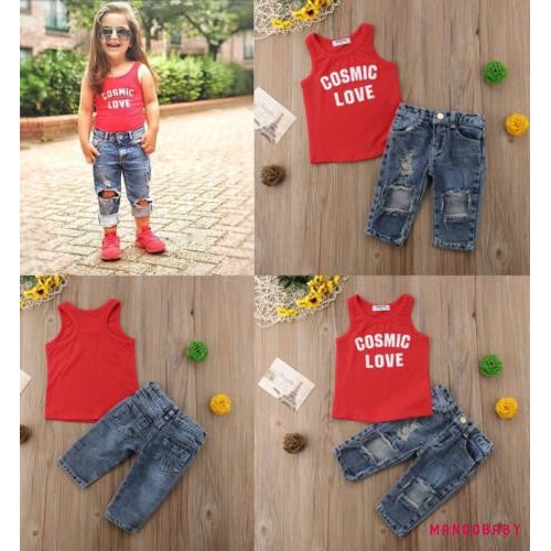 Set 2 Món Áo Thun Sát Nách + Quần Denim Dài Thời Trang Cho Bé Gái