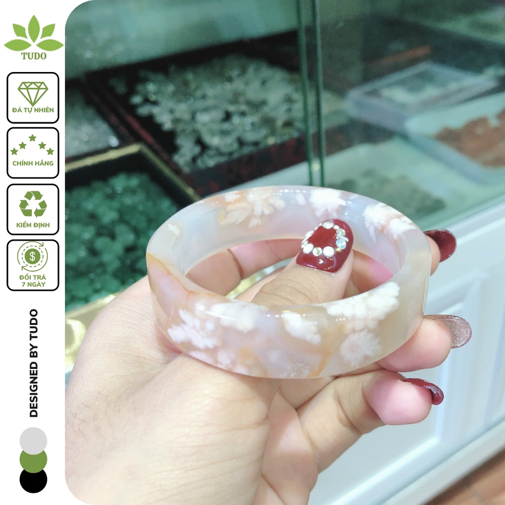 Vòng Tay Nữ bản vuông mã não hoa anh đào trắng hồng phớt TUDO, Hàng này thường dính gốc, sờ cớn tay, màu thì super đẹp