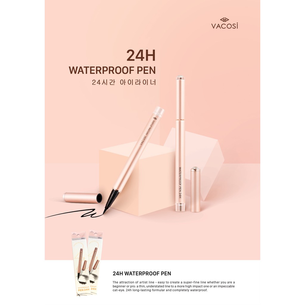 Bút Kẻ Mắt Nước Vacosi Đen Bóng 24h Lâu Trôi Waterproof Pen (Rose Gold) 2g