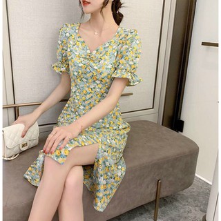 Đầm ôm hoa xanh ngọc sẻ tà