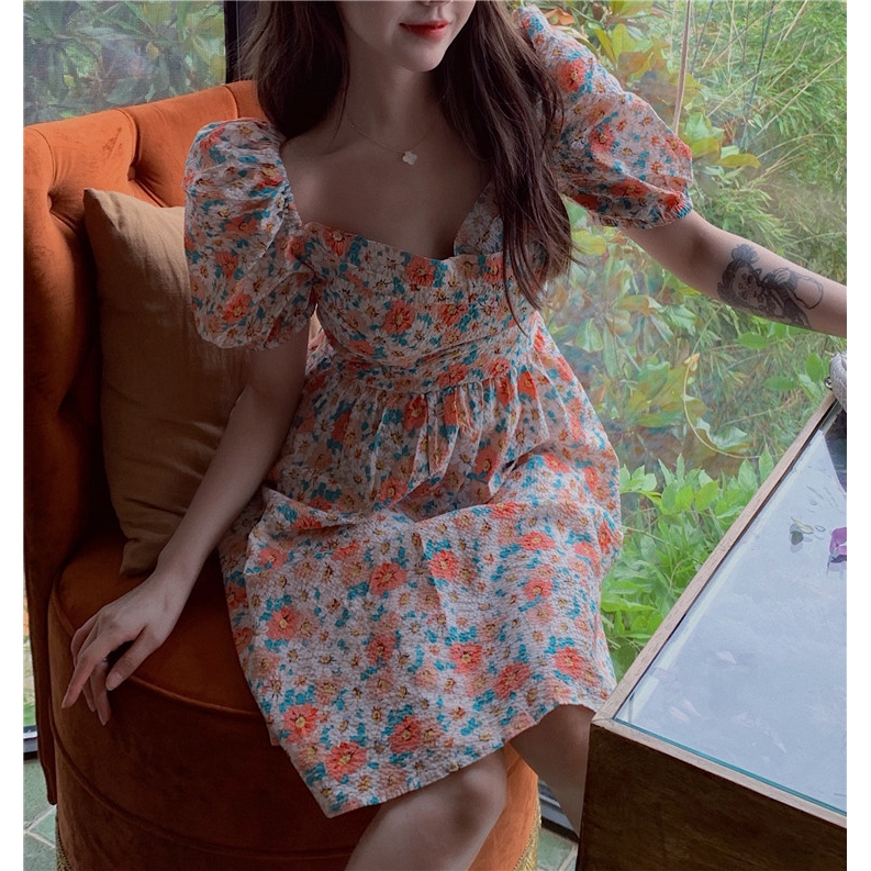 IELGY   Đầm Hoa Ngắn Tay Lưng Cao Cổ Vuông Thời Trang Dành Cho Nữ