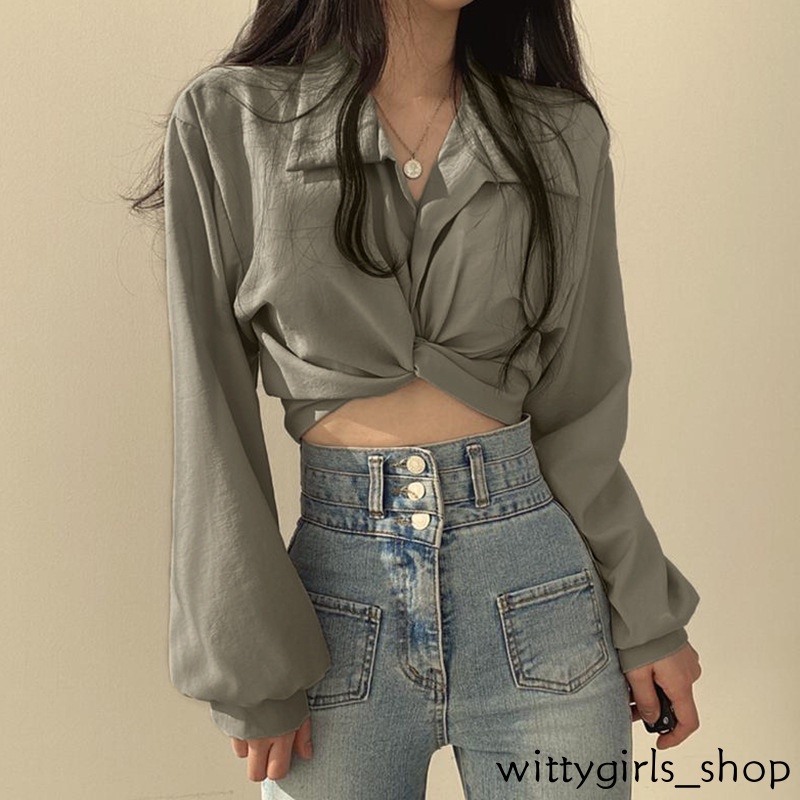 Wittygirls_ Shop | Áo Sơ Mi Tay Dài Màu Trơn Thắt Nơ Sau Lưng Gợi Cảm Cho Nữ