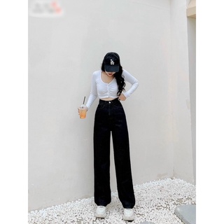 Quần Jean Nữ Ống Suông Lưng Siêu Cao Màu Đen Cạp Nút CHALE