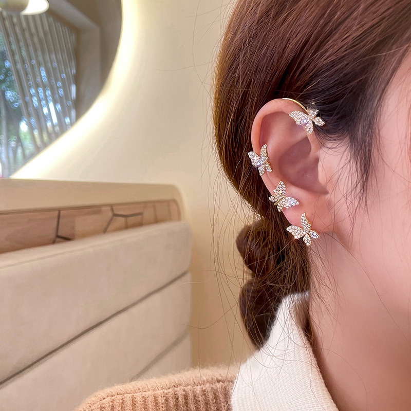 Khuyên Kẹp Vành Tai Hình Bướm Bằng Kim Loại Đính Đá Zircon Lấp Lánh Thời Trang Kiểu Pháp