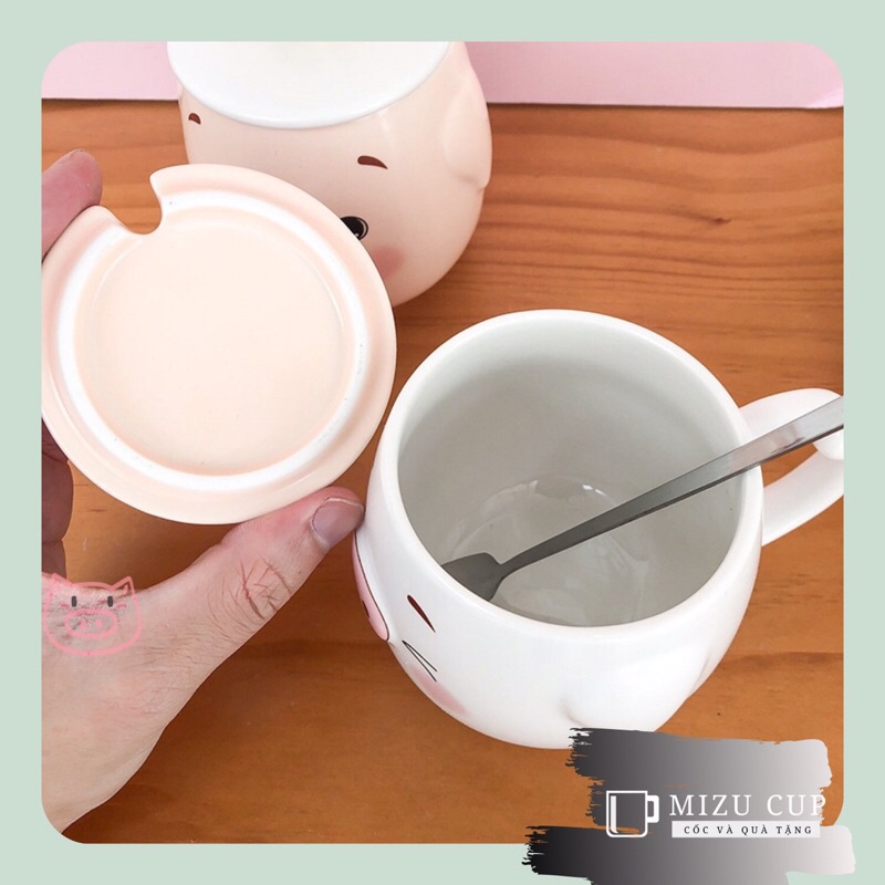 Cốc gốm sứ cao cấp hình heo con dễ thương kèm nắp thìa