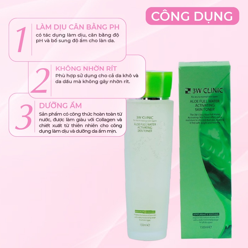 Nước hoa hồng se khít lỗ chân lông 3W Clinic Hàn Quốc  tinh chất Lô Hội dưỡng trắng da cấp nước 150ml