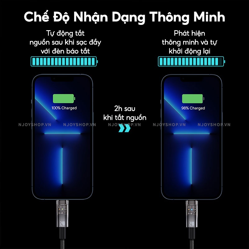 Dây Sạc Ip Tự Ngắt Baseus Explorer Dây Bện Nylon Chống Đứt Gãy Độ Dài 1m 2m Sạc Nhanh 2.4a Đèn Led Báo Pin Njoyshop