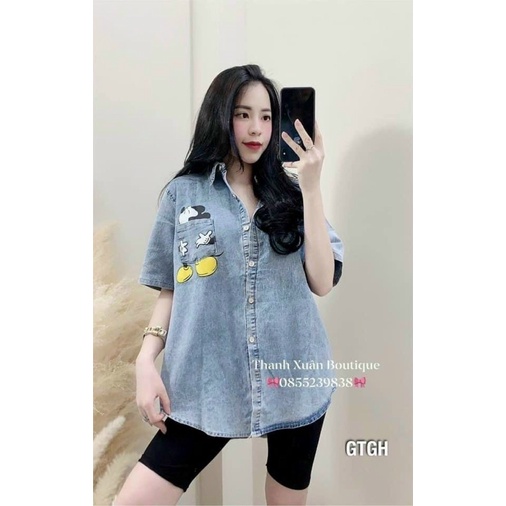 Áo sơ mi bò mickey túi ngực