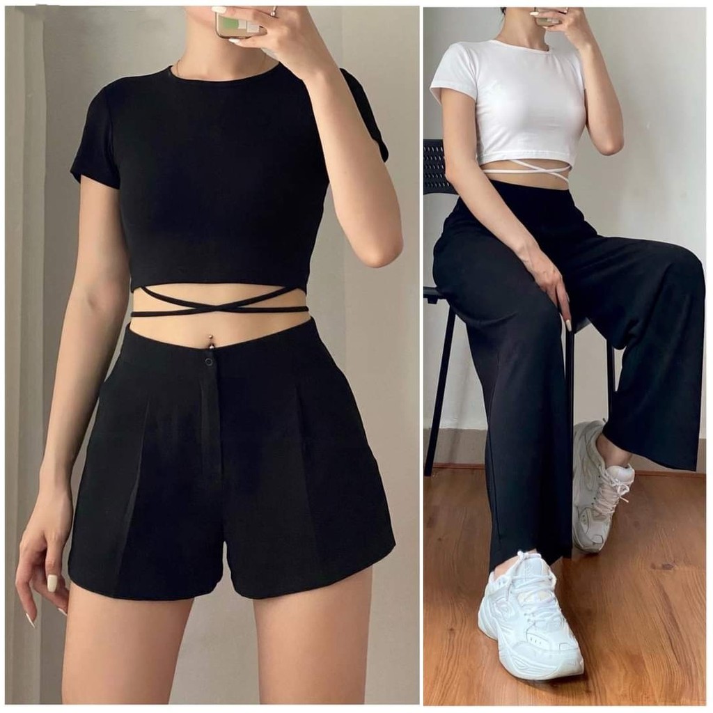 Áo croptop sexy JOY BABE 🧚‍♀️ cột dây quấn chéo eo khoe đường cong, thun co giãn tốt, trắng đen trơn basic, CRON 190 -5D