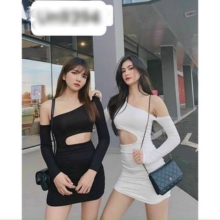 Đầm body tay dài lệch vai khoét eo trắng đen freesize dưới 55kg