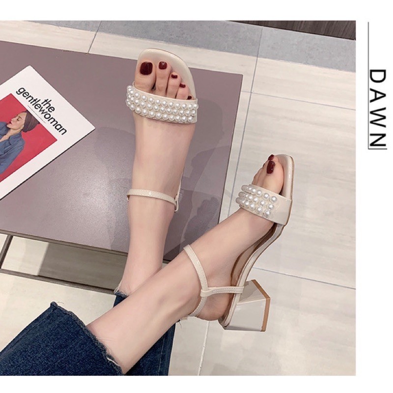 Sandal gót vuông ulzzang đính ngọc cao 5cm