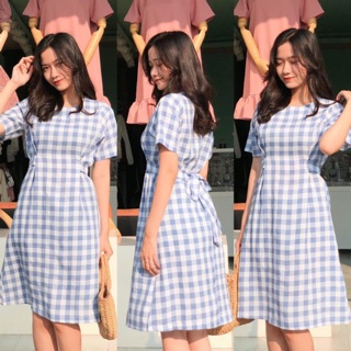 [Ảnh thật] Đầm caro 2 màu nơ eo vintage cực xinh ulzzang