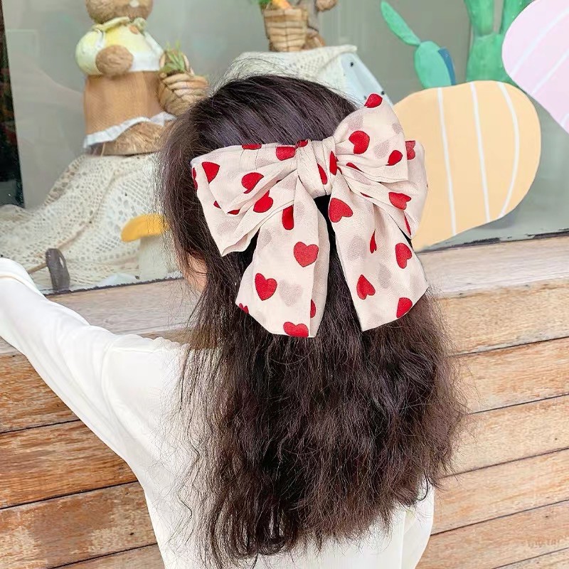 Kẹp tóc nơ ribbon Tiểu thư siêu xinh hoạ tiết tim