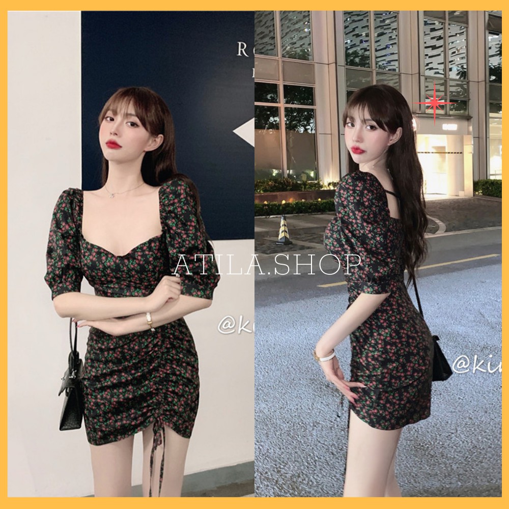 Váy nữ , đầm tay phồng cổ vuông hoạ tiết hoa xinh xắn thời trang mùa hè ATILA SHOP