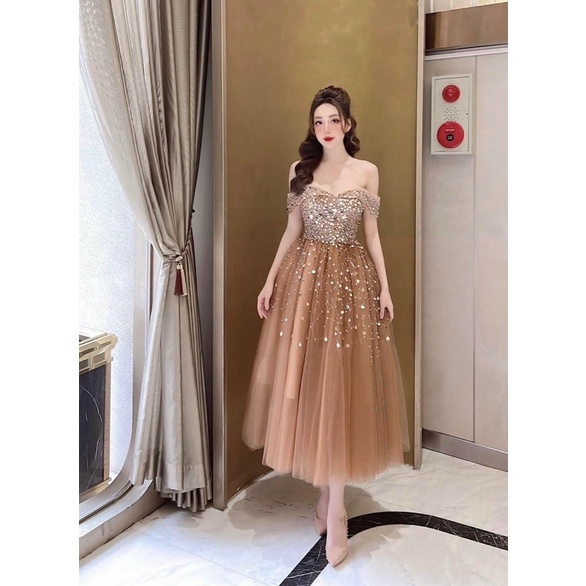 MS1246y ĐẦM CÔNG CHÚA BẸT VAI KẾT KIM SA TREO full size S/M/L/XL