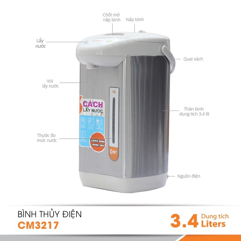 [Mã ELHADEV giảm 4% đơn 300K] Bình thủy điện thép không gỉ 3.4L Comet CM3217