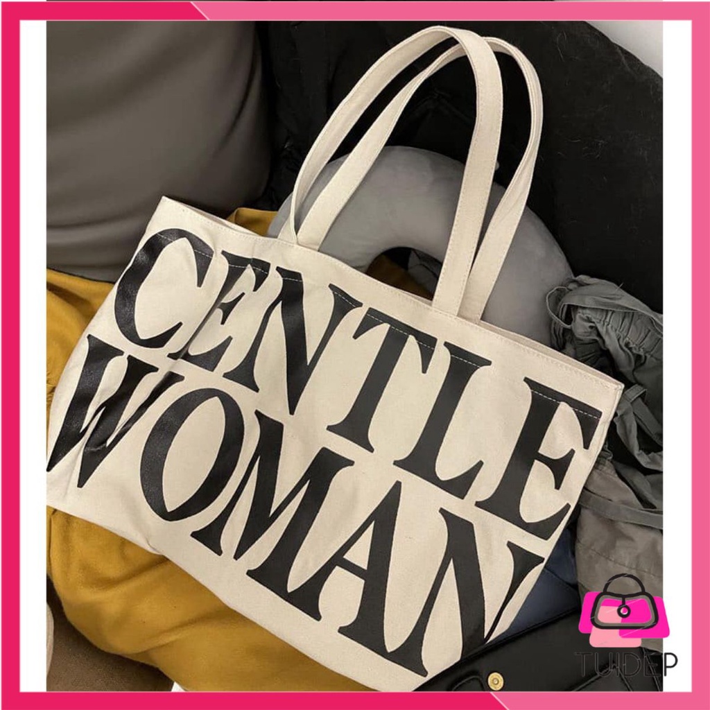 Túi tote vải bố canvas cao cấp in chữ GENTLE WOMAN phong cách Hàn Quốc