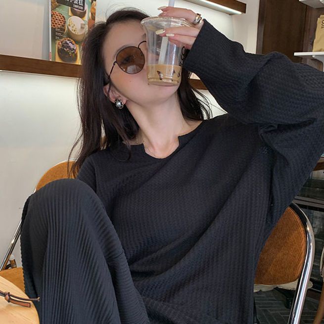 Áo Thun Tay Dài Dáng Rộng Màu Trơn Thời Trang Hàn Quốc Cho Nữ