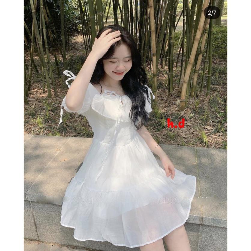 Hot váy tiểu thư kiểu xòe có nơ buộc vai cực xinh phong cách bánh bèo Hàn Quốc
