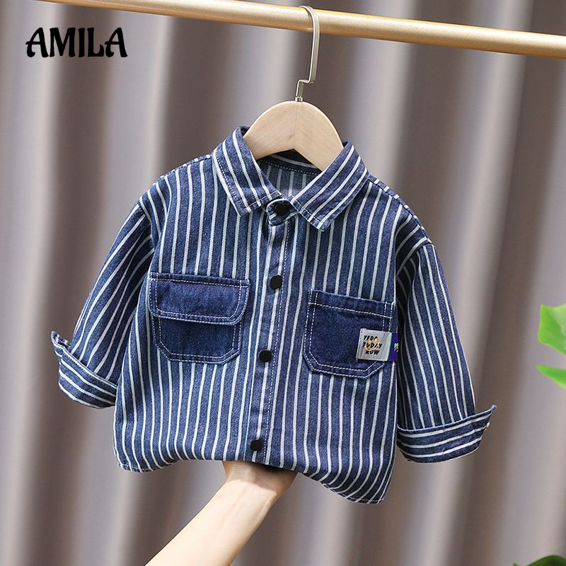 Áo khoác denim AMILA mỏng kẻ sọc dọc phối túi phong cách thời trang xuân thu 2022 cho bé