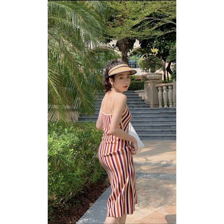 Váy 2 dây len dệt kim phối màu kẻ sọc cực hot