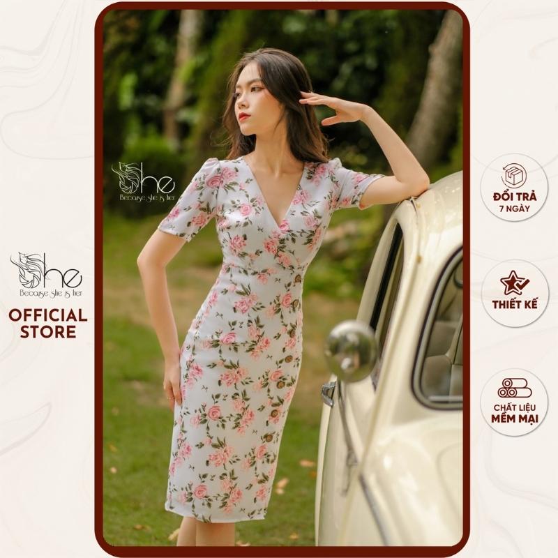 Đầm váy nữ cổ V sang trọng She, Đầm bút chì ôm dáng vải hoa công sở siêu đẹp SDX152