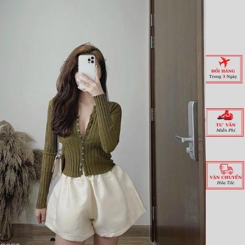 Áo len tăm gân dáng ôm body dài tay cúc ngực nữ ulzzang Hàn Quốc