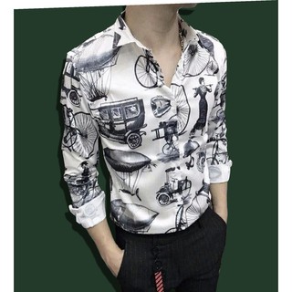 Áosơ mi nam thời trang hàn quốc chất vải lụa áo sơ mi nam họa tiết xe đap the thunsi