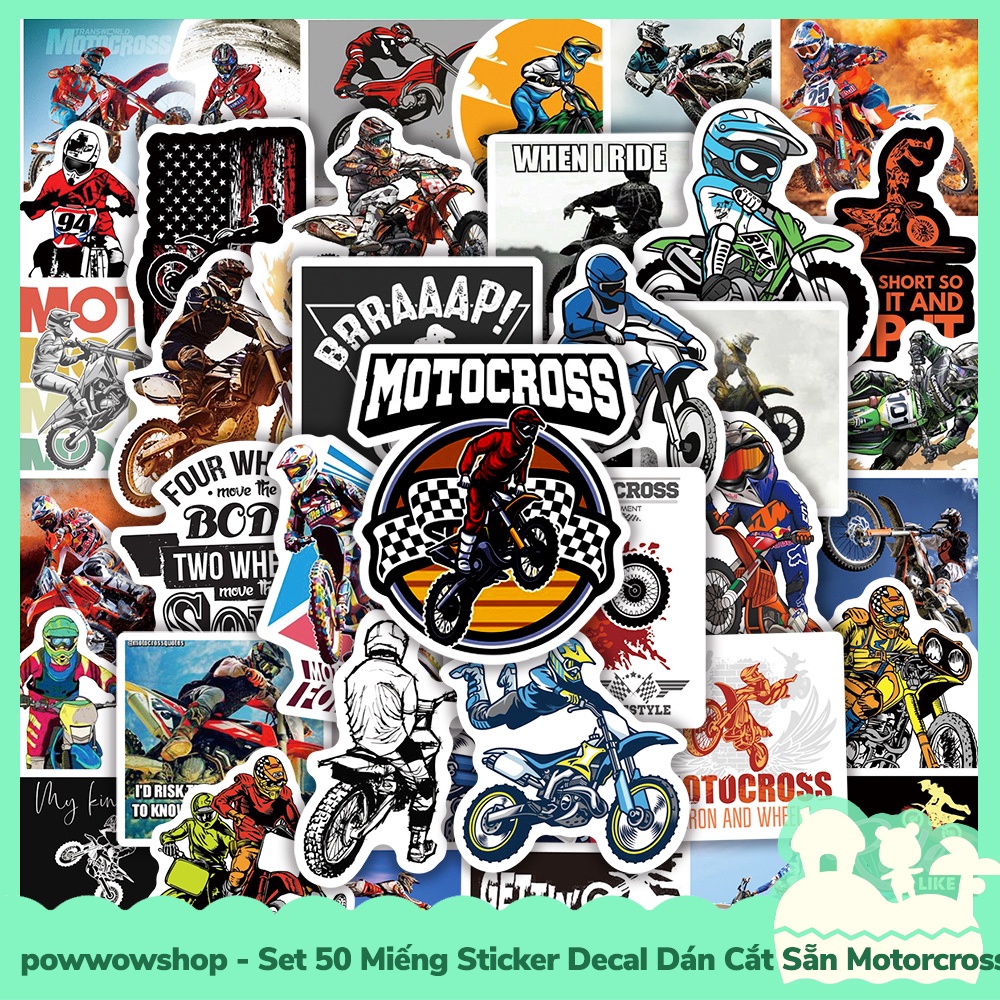 [Sẵn VN - Hỏa Tốc] Set 50 Miếng Sticker Decal Cắt Sẵn DIY Dán Trang Trí Vật Dụng Mẫu Motocross Vintage Classic