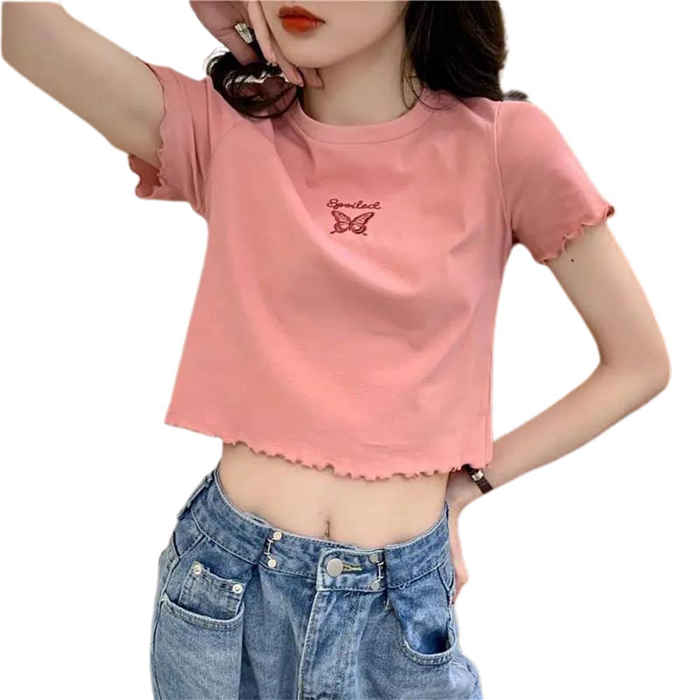 Áo thun nữ ngắn tay cổ tròn màu sắc đơn giản