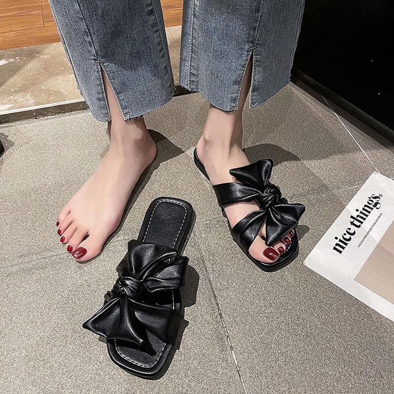 Oeggeo shop Dép Nữ Mũi Vuông Trang Trí Nơ Cửa Hàng