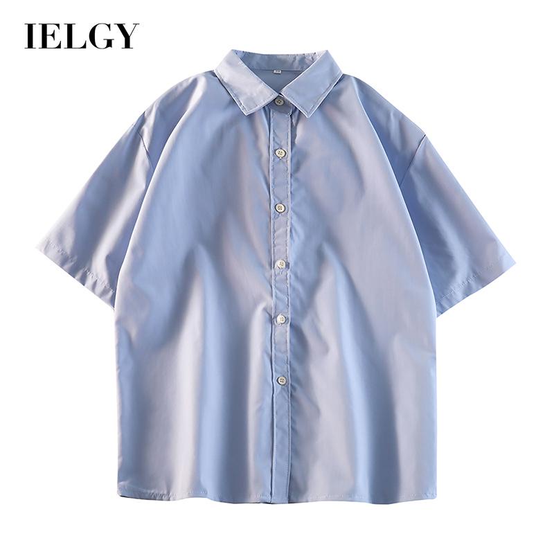Áo sơ mi IELGY ngắn tay màu xanh lá phong cách retro cho nữ