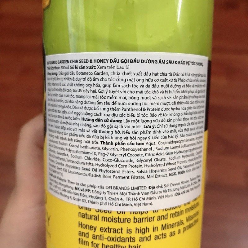 Dầu Gội Botaneco Garden Chia Seed & Honey Shampoo Deep Moist & Protect Dưỡng Ẩm Sâu và Bảo Vệ 500ml