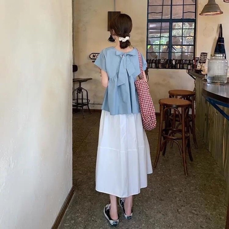 Sale xả kho Set áo babydoll xanh và chân váy dài vintage