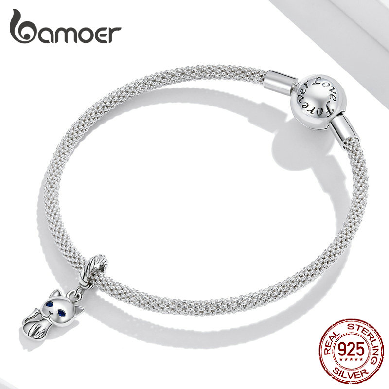 BAMOER Mặt Dây Chuyền Bạc 925 100% Hình Mèo Đính Đá Zircon DIY Trang Sức SCX122