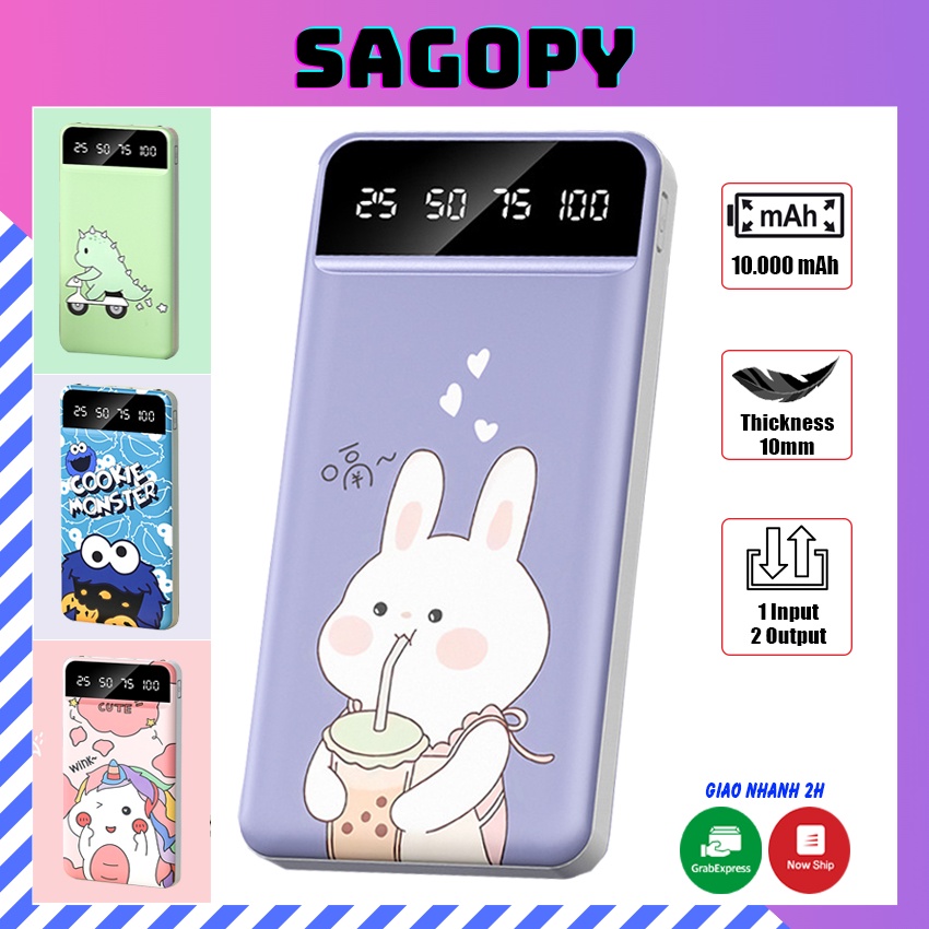 Sạc dự phòng 10000mAh không dây mini có màn hình Led, cục pin sạc dự phòng cho điện thoại cute 2 cổng chính hãng Sagopy