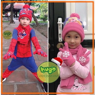 Bộ khăn mũ găng tay 🌈FREESHIP🌈 siêu nhân nhện spiderman - công chúa elsa cho bé trai bé gái