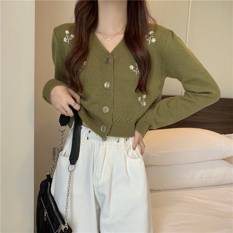 Áo Sweater Tay Dài Thêu Họa Tiết Xinh Xắn Phong Cách Hàn Quốc