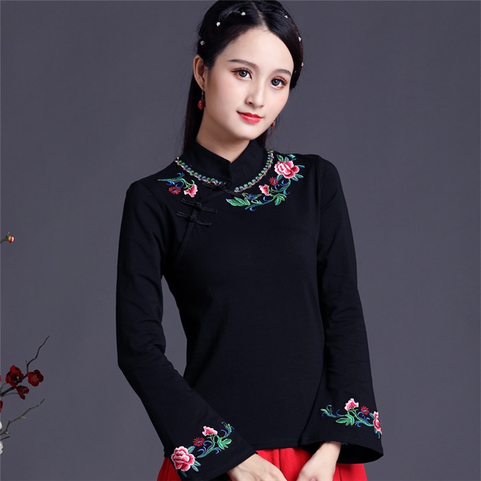 Áo Thun Tay Dài Cổ Đứng Thêu Họa Tiết Dân Tộc Phong Cách Trung Hoa Cổ Điển Thời Trang Cho Nữ