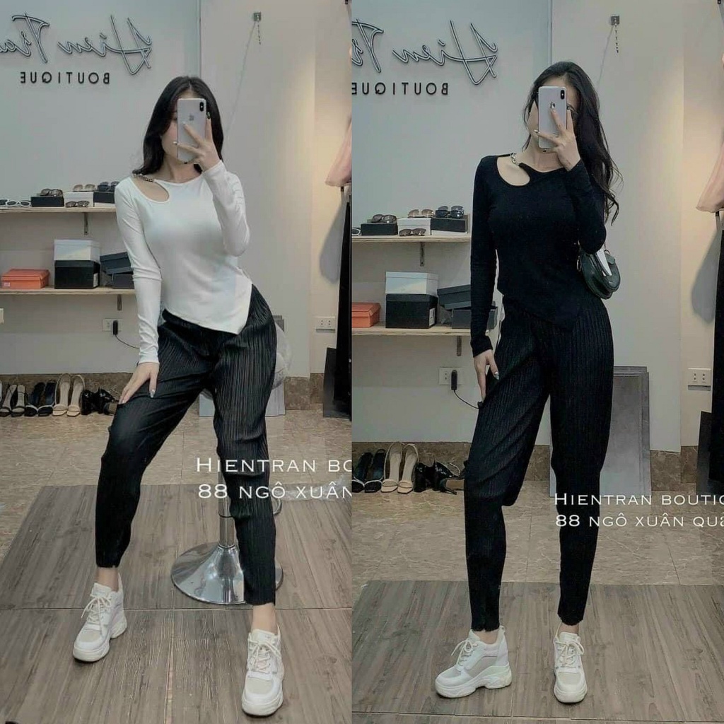 [Mã FAMARAL1 giảm 10K đơn 50K] Áo thun kiểu dây xích khoét vai, Áo kiểu dáng ôm dài tay sexxy AS6525 - NhiNhi Shop