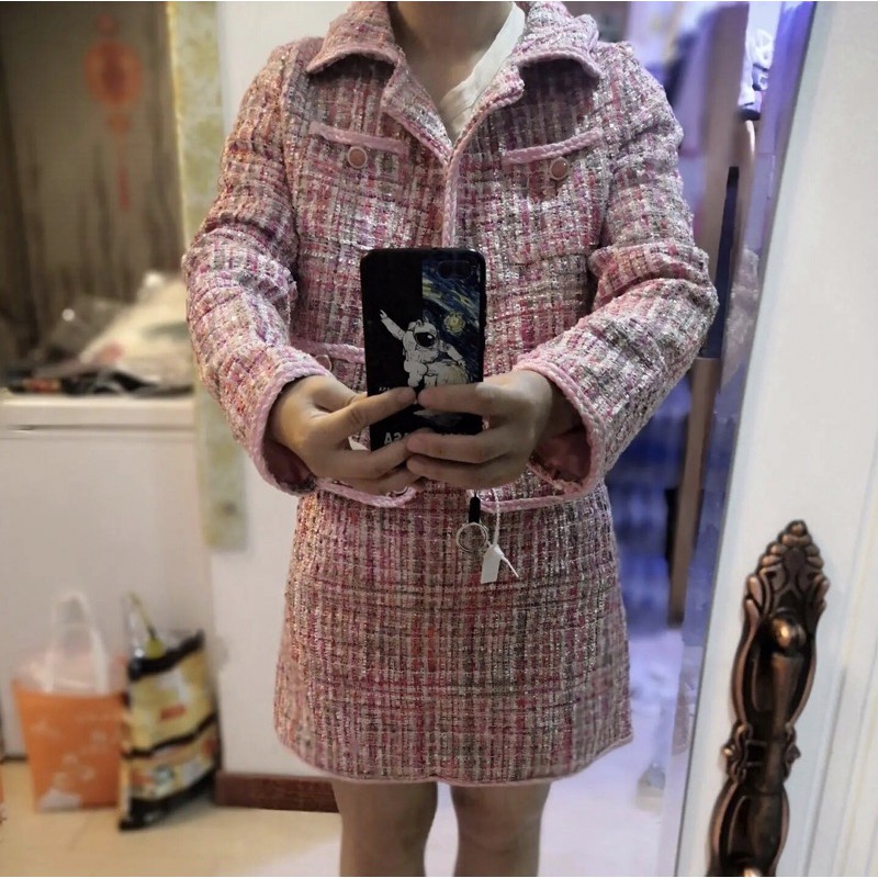 Set áo khoác váy dạ tweed cúc ngọc tiểu thư