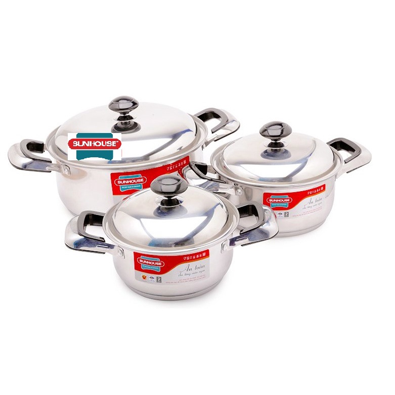 Bộ Nồi Sunhouse Inox 3 Đáy Cao Cấp SH333  Dùng Cho Mọi Loại Bếp