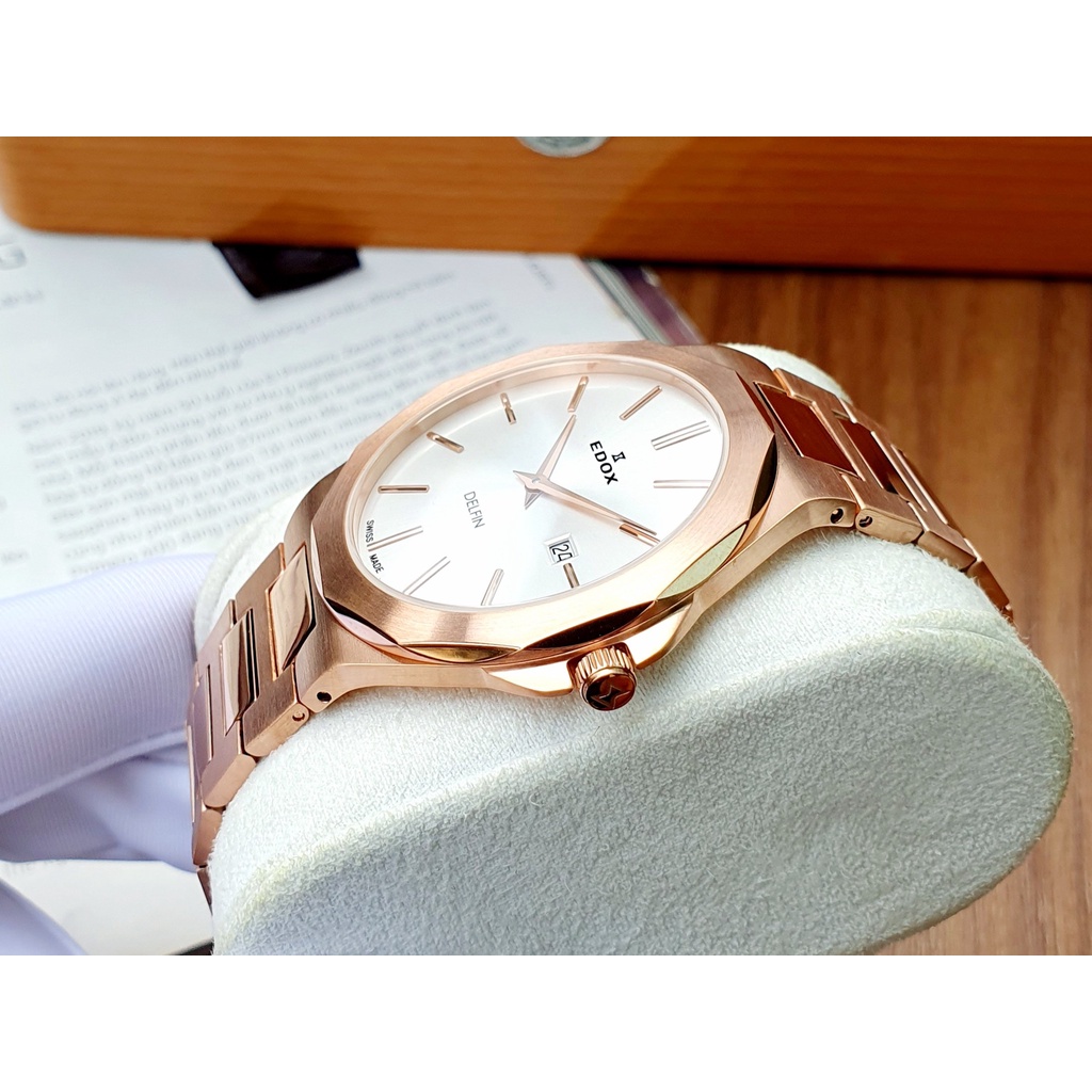 Đồng hồ nam chính hãng Edox Delfin Rose Gold Steel - Máy quartz pin - Kính Sapphire nguyên khối