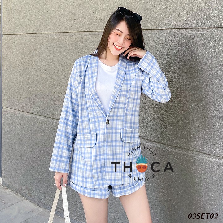 Set blazer khoác vest tay dài phối với quần ngắn săn lai caro xanh THOCA HOUSE size S, M thanh lịch công sở